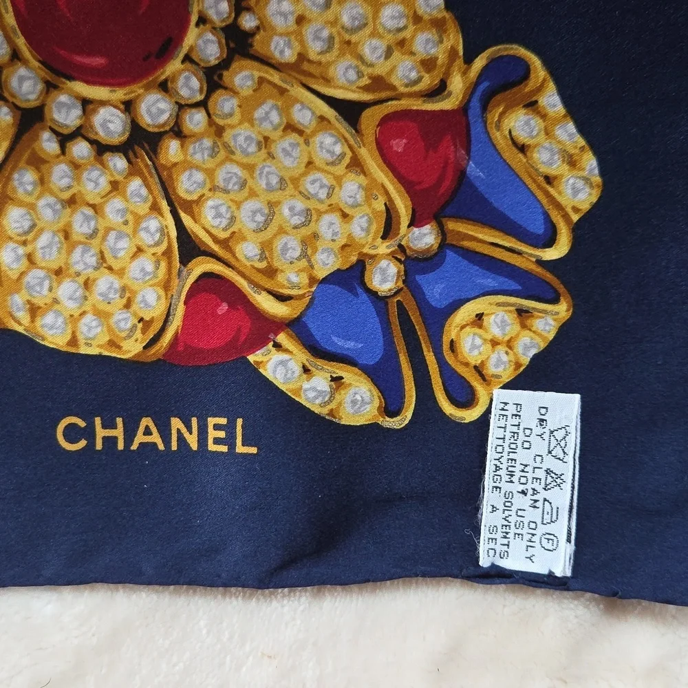 CHANEL 100%Silk Scarf with Jewel-Toned Floral Motif‎